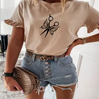 

Hairdresser Scissors Butterfly Women T Shirt Casual Ruffle Short Sleeve Summer Elegant O Neck Pullovers Tops Blusa Streetwear