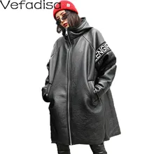 Vefadisa Черная Женская куртка из искусственной кожи зимнее кожаное пальто с капюшоном длинное Свободное пальто из искусственной кожи с буквенным принтом Harajuku QYF1157