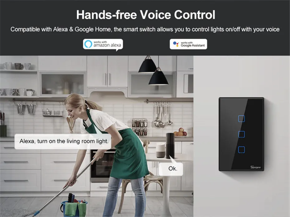 Itead Sonoff T3 нам 1/2/3 Смарт настенный выключатель света с каймой, сенсорный экран/RF433/Wi-Fi, Управление, работает с Amazon Alexa Google Home, 120 Размеры