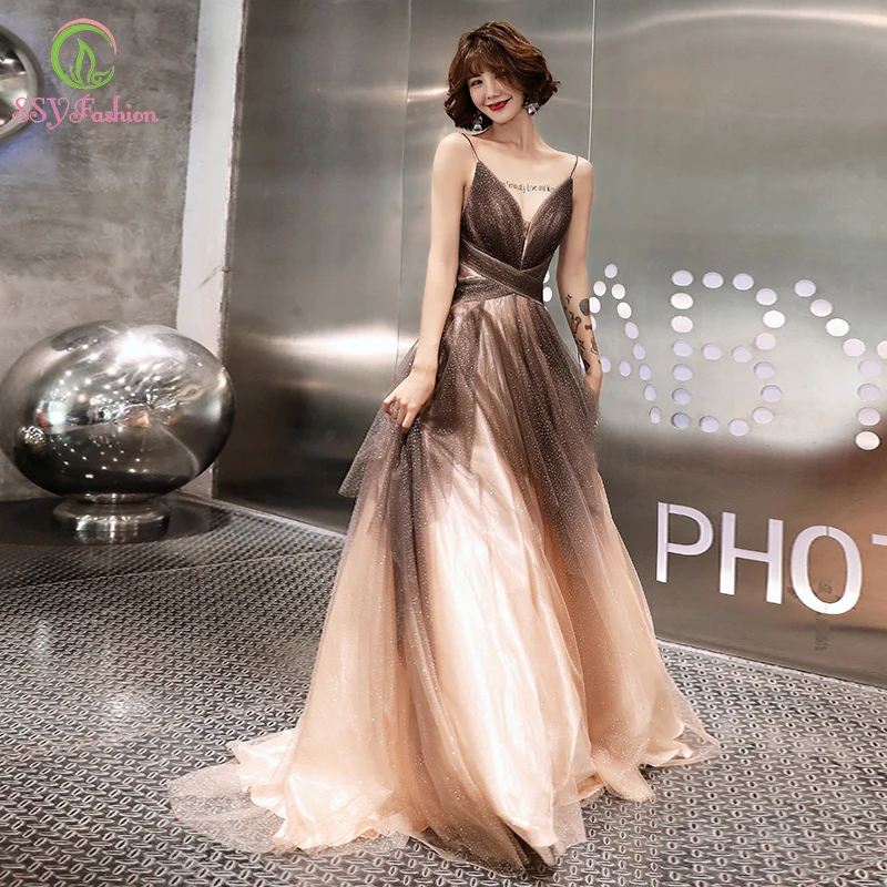 Женское вечернее платье SSYFashion роскошное длинное бальное цвета хаки с V образным