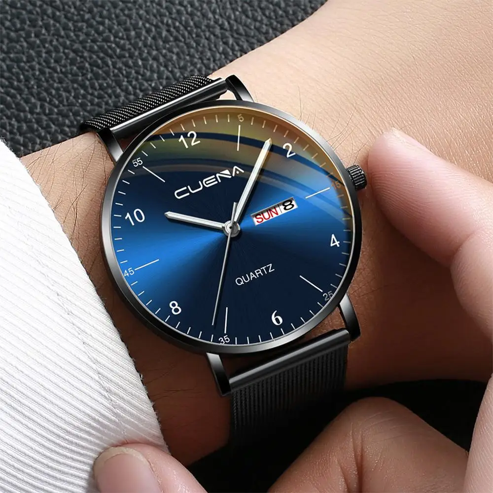 CUENA Fashion Simple Watch Men'S Stainless Steel Magnetic Net With Calendar Casual Quartz Wrist Clock | Наручные часы