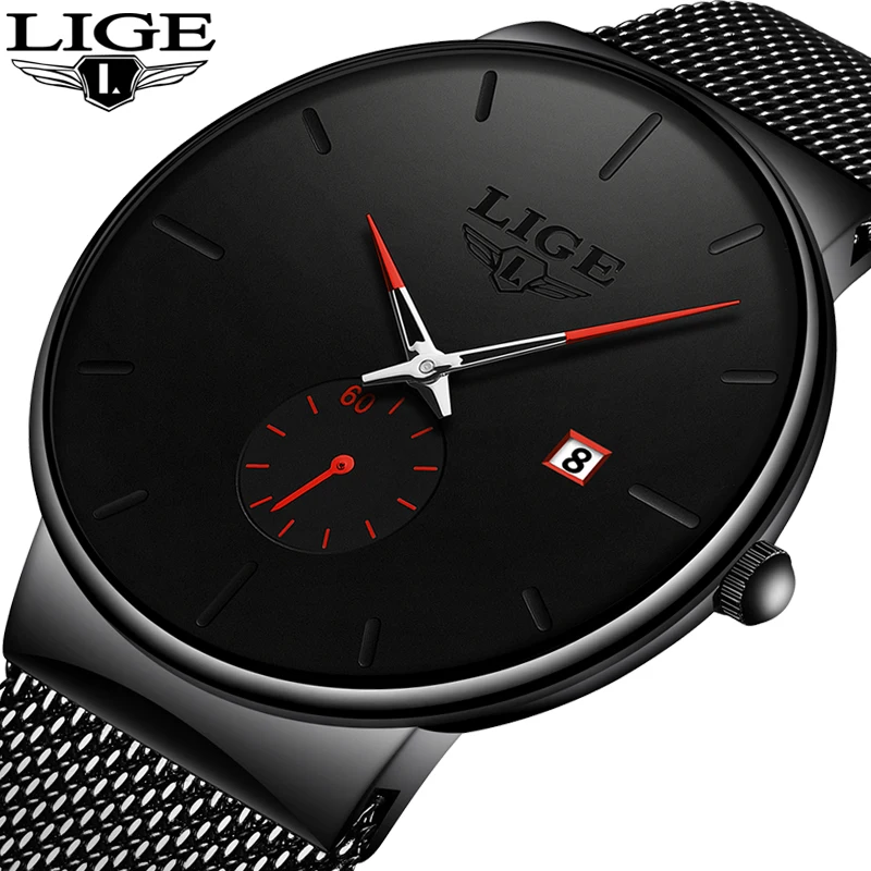 Часы наручные LIGE Мужские кварцевые Стальные модные повседневные деловые