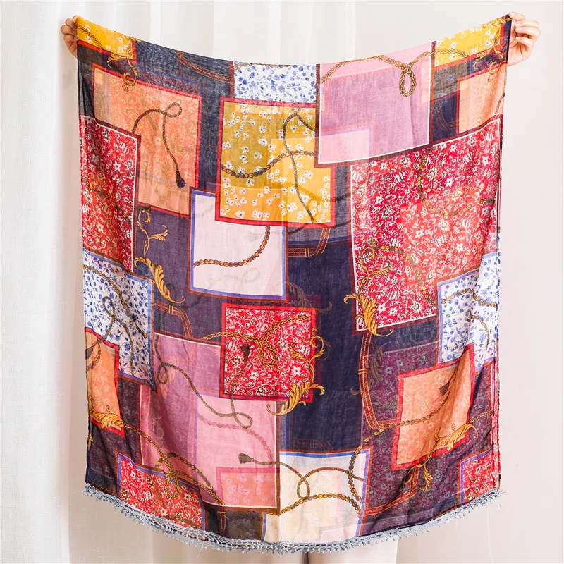 

Fashion Autumn Winter Geometric Pom Pom Viscose Scarf Spain Luxury Brand Lady Print Shawls and Wraps Soft Cover-Ups Muslim Hijab