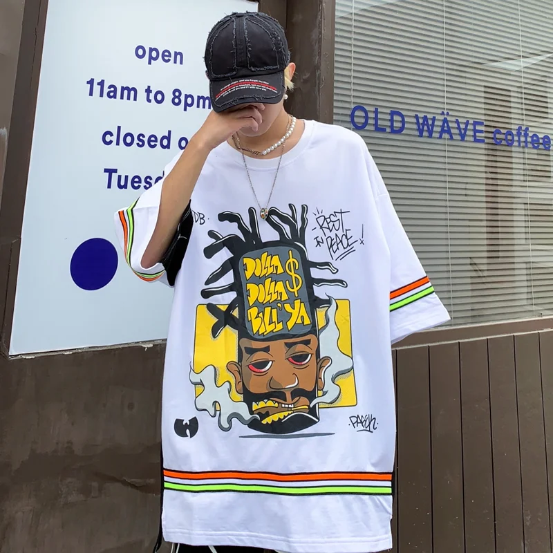 特大tシャツ原宿ヒップホップ漫画ストリートメンズtシャツ21夏の新ファッションメンズ服コットンプリントトップ白 Tシャツ Aliexpress