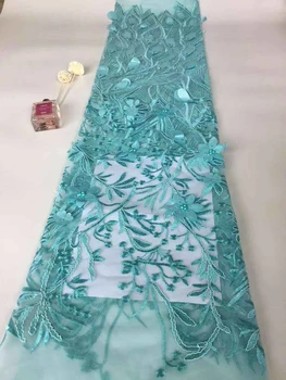 

2019 Blue Color Beaded 3d Lace High Quality African Tulle Lace Fabric New Arrival Nigerian Lace Fabrics For Wedding T3101