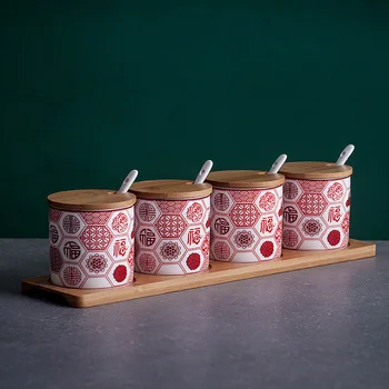 

4pcs Nordic Ceramic Chinese Style Seasoning Jar Kitchen Salt Spice Jar Soy Sauce Vinegar Bottle Household Vanilla Deli Box Set