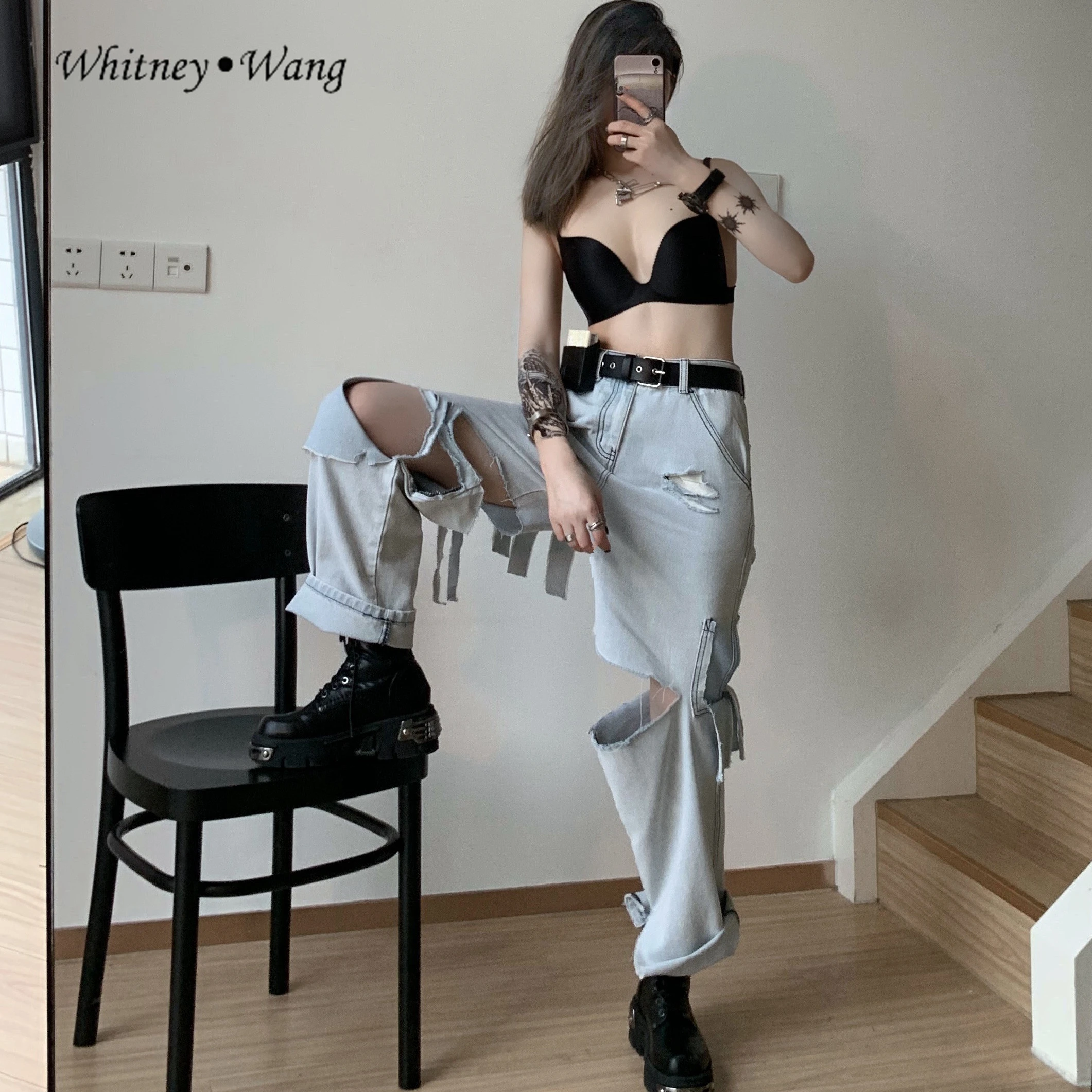 WHITNEY WANG Jeans Autumn Fashion Streetwear Ripped Frayed Holes Jeans Women High Street Denim Pants