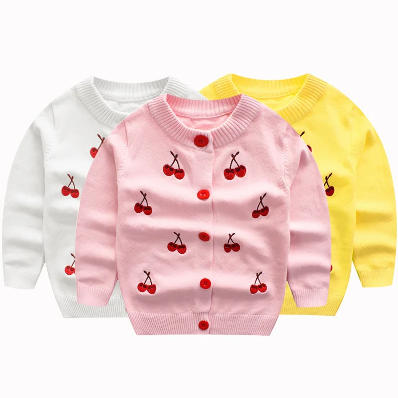 

2019 Girls Cardigan Sweater Embroidered Cherry Children 90-130 Code Pure Cotton Childrenswear
