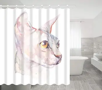 

Geometric cute cat shower curtain watercolor painting modern decoration polyester fabric hook of 12-