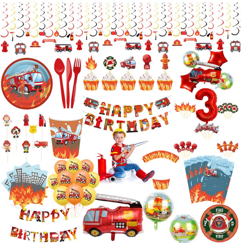 Suministros para fiesta de cumpleaños con temática de bombero, plato y vaso de papel, servilletas, banderas, Pancarta, fiesta, recuerdo para niños, decoración de globos