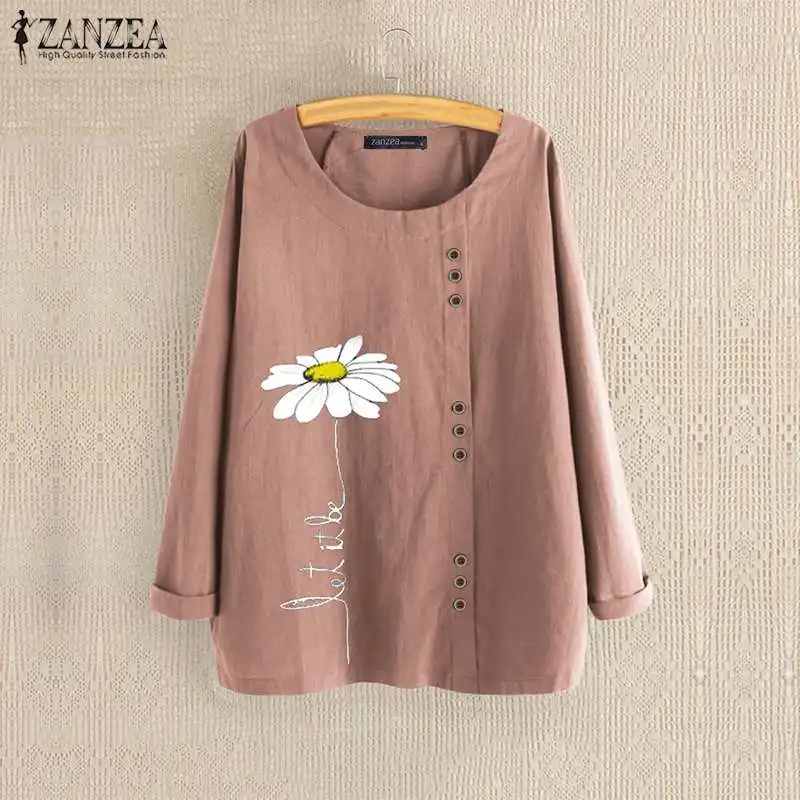  Women Autumn Cotton Blouse 2019 ZANZEA Elegant Daisy Printed Tops Casual Long Sleeve Shirts Female 