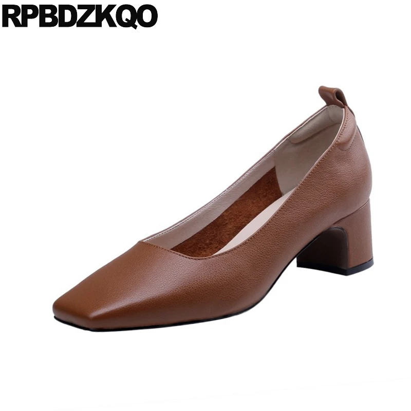 pumps genuine leather chunky brown medium heels slip on size 4 34 runway block square toe fashion shoes luxury women thick