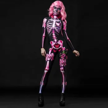 

2020 Hot Halloween Women Skeleton Jumpsuits Scary Long-Sleeves Slim Human Skeleton Costume Pluse Sizes S-2XL