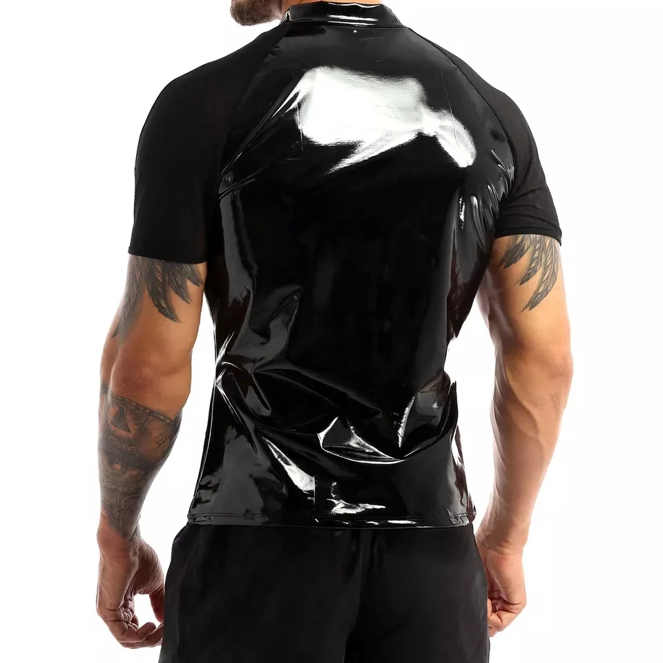 Mens Sexy Shiny Leather T-Shirt Erotic Sheath Wetlook Latex Coat Male Glossy Metallic PVC Leather Jacket Porn Short-sleeved Tops sports jersey