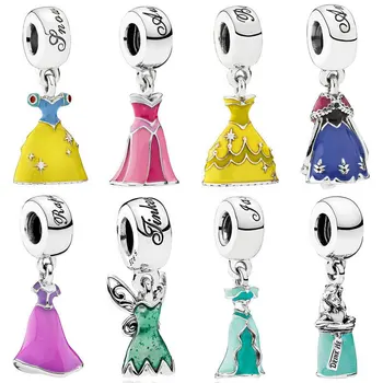 

Real Princess Belle's Snow White's Anna's Aurora's Dress Pendant Bead 925 Sterling Silver Charm Fit Pandora Bracelet Diy Jewelry