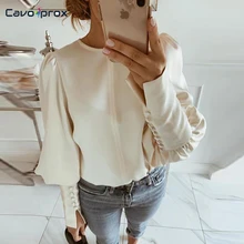 Solid Round Neck Balloon Sleeve Blouse Women O-neck Chic Casual Long Sleeve Spring Fall Elegant Top Shirt