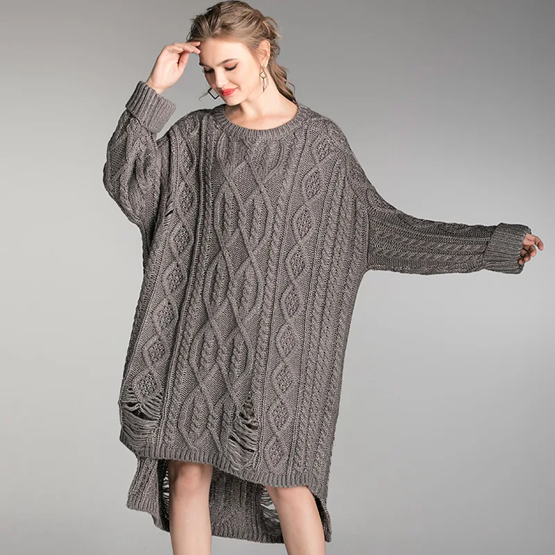 Женское новое осеннее и зимнее платье размера плюс, модный толстый длинный вязаный свободный свитер, рубашка