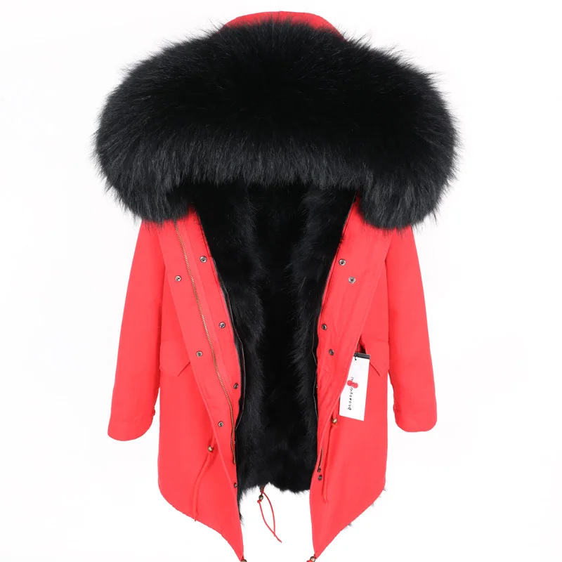MAOMAOKONG, зимняя женская кожаная куртка большого размера, пальто из натурального меха енота, съемная меховая подкладка, длинная куртка