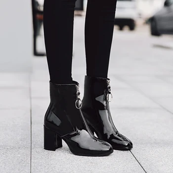 

Shoes Women Zipper Boots Woman Front Big Zipper Open Botas Mid-Calf Botines Winter Thick High Heels Patent Leather Booties
