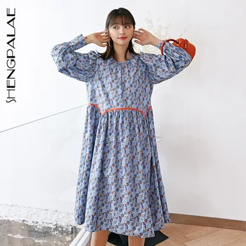 

SHENGPALAE 2020 New Summer Women Vintage Loose High Waist Slim Was Thin Elegant Small Mid Calf Stitching Dress ZA3437