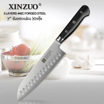 

XINZUO 7'' Santoku Knife 3 Layer 440C Core Clad Steel Chinese Kitchen Knives Stainless Steel Carving Vegetable Knife G10 Handle