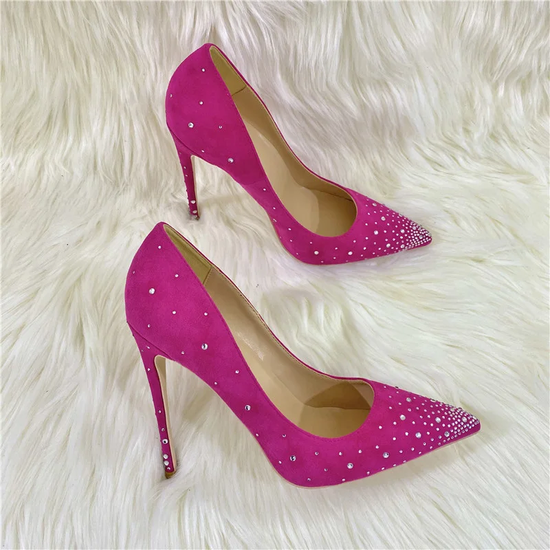 Ke Shang Jia Rose Pink Flock Women Rhinestones Pointed Toe Stiletto Pumps Elegant Suede High Heel Wedding Party Shoes Size 33-46