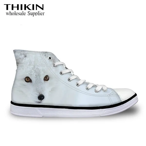 

THIKIN 3D White Fox Print Ladies Vulcanize Flats Shoes Casual Lace Up Cool Animal Classic High Top Sneakers for Fashion Girls