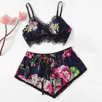 

Pijama Sets Femme Women V-Neck Silk Lace Satin Floral Camisole Pajamas Sexy Lingerie Sleepwear Shorts Set pijama mujer