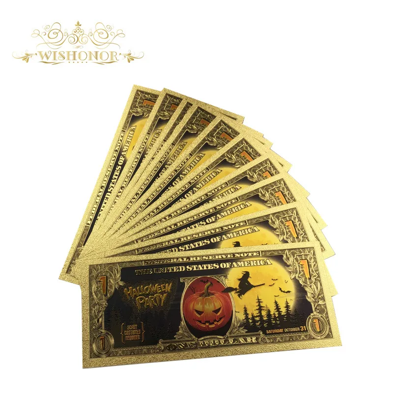 10Pcs New Halloween Party Banknote American Banknote 1 Dollar Bills Banknote in 24K Gold Plated Paper Money For Gifts