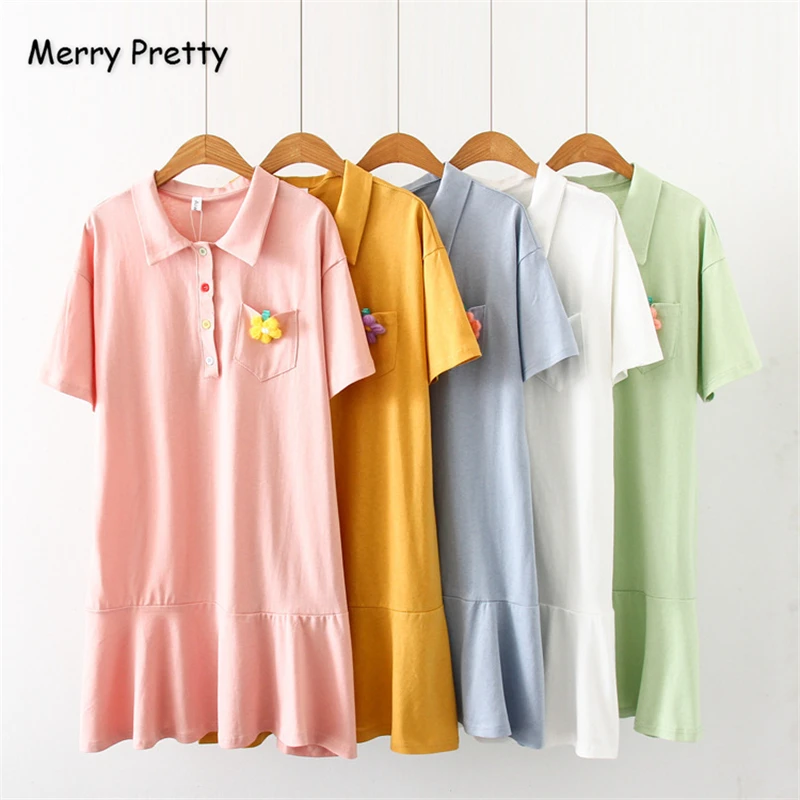 

Merry Pretty Cotton Women's Floral Appliques Straight Dress 2019 Short Sleeve Turndown Patchwork Mini Dress Casual Loose Dress