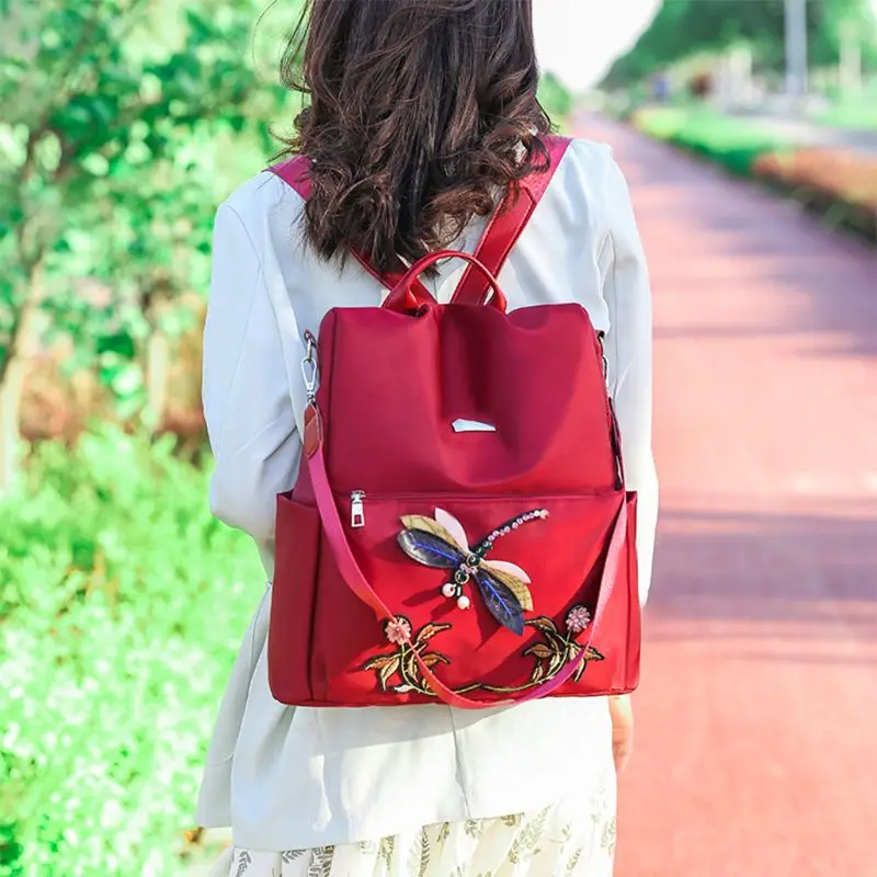 

Casual Wild Lady Bag Dragonfly Embroidery Ethnic Style Function Backpack Nylon Outdoor Waterproof Travel Bag F42A
