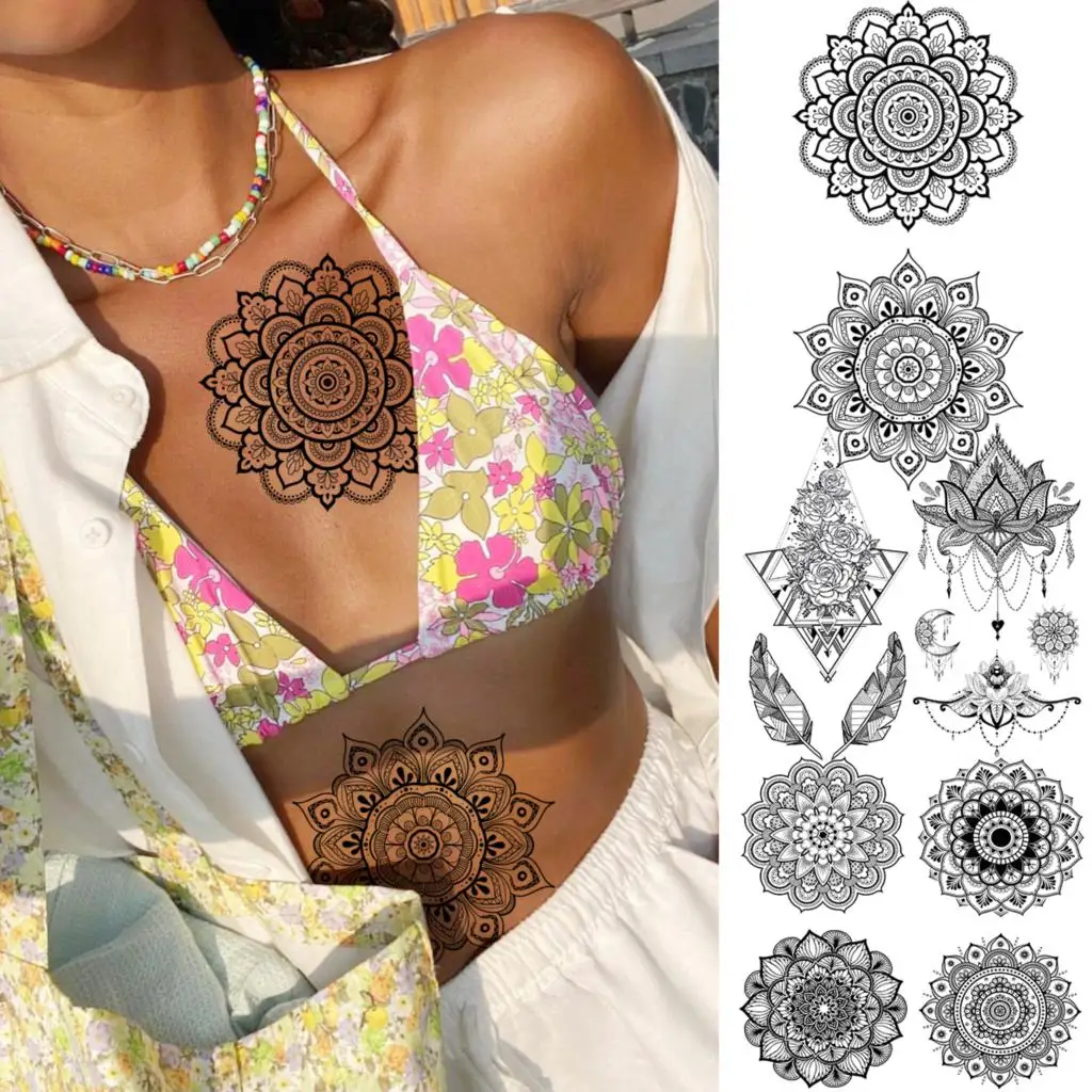 

3D Sexy Mandala Boobs Waist Temporary Tattoos For Women Adult Girl Lotus Pendant Geometric Fake Tattoo Waterproof Body Art Tatoo