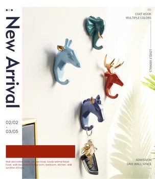 

Newly Produced Deer Rhino Elephant Giraffe Horse Animal Decorative Hook Creative Resin Model Bathroom Wall Hook Coat Wall Hook