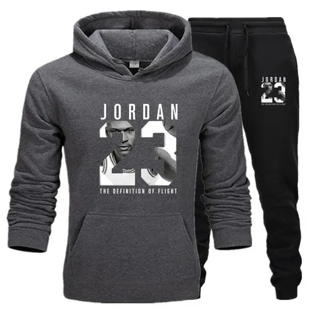 Новинка, брендовый спортивный костюм, модный JORDAN 23, мужская спортивная одежда, комплект из двух предметов, хлопок, флис, Толстая Толстовка с капюшоном+ штаны, спортивный костюм для мужчин - Цвет: Darkgrayblack122-123