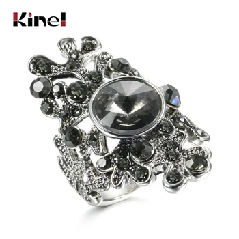 

Kinel Luxury Vintage Gray Crystal Big Ring Antique Silver Color Wedding Engagement Jewelry Hollow Cubic Zircon Rings For Women