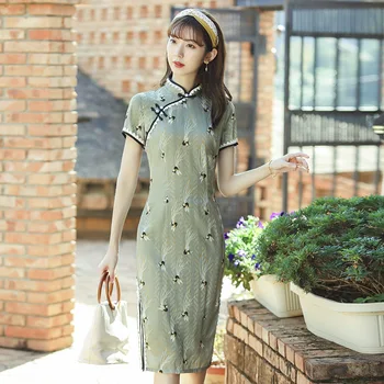 

Chinese Female Classic Dresses New Cotton Qipao Mandarin Collar Slim Vestidos Elegant Print Flower Plus Size Cheongsam M-4XL