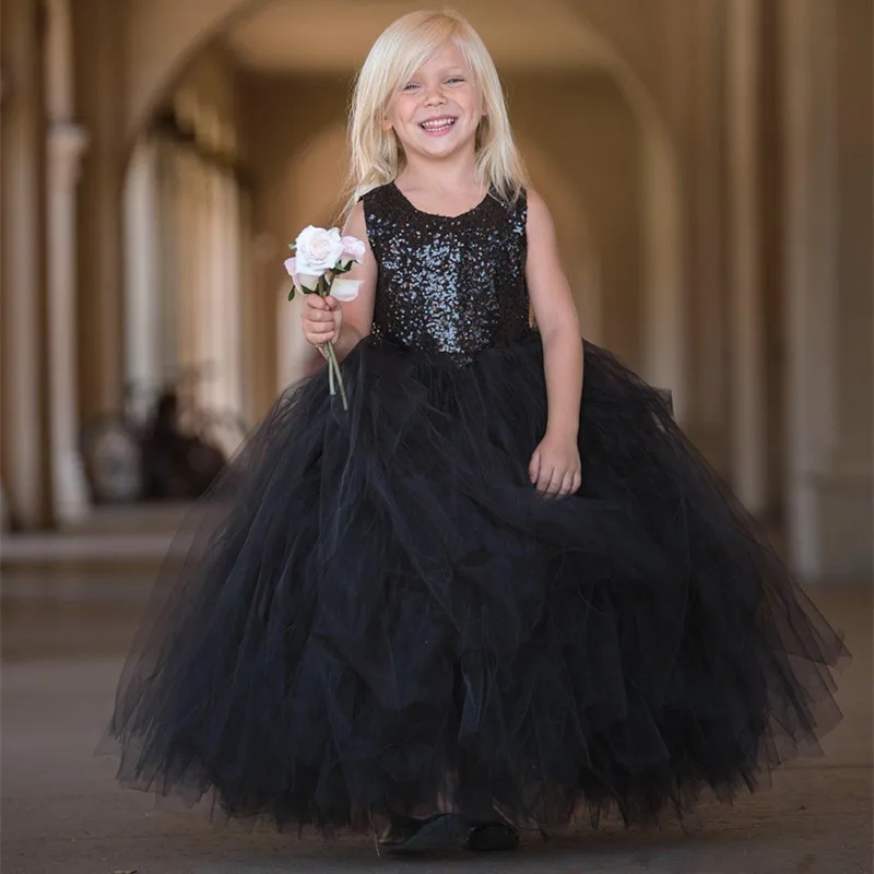62 2020 Beautiful Distant Dream Ball Gown Flower Girl Dress in Black Sequin with Black Tulle skirt Kids Birthday Children Girls Flower Gowns