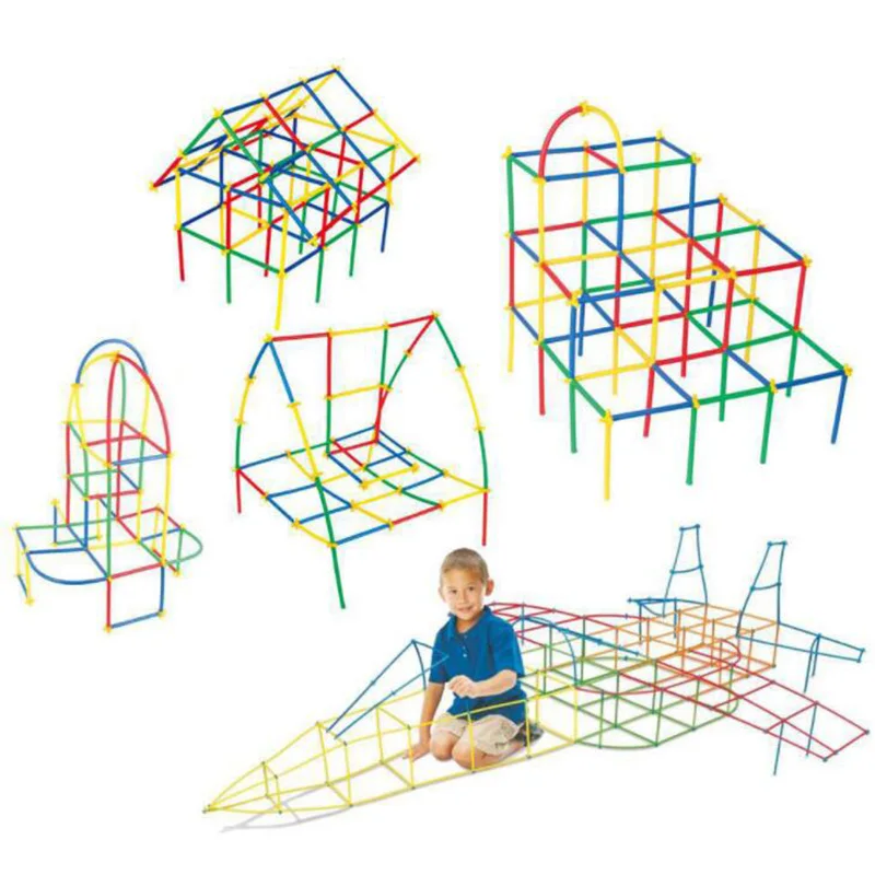 4D DIY Straw Building Blocks Plastic Stitching Inserted Construction Assembled Blocks Bricks Color Early Educational Toys Gift
