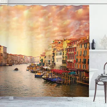 

Scenery Shower Curtain Venezia City Italian Landscape with Old Houses Gondollas and Spikes Image Bathroom Decor Set with Hooks