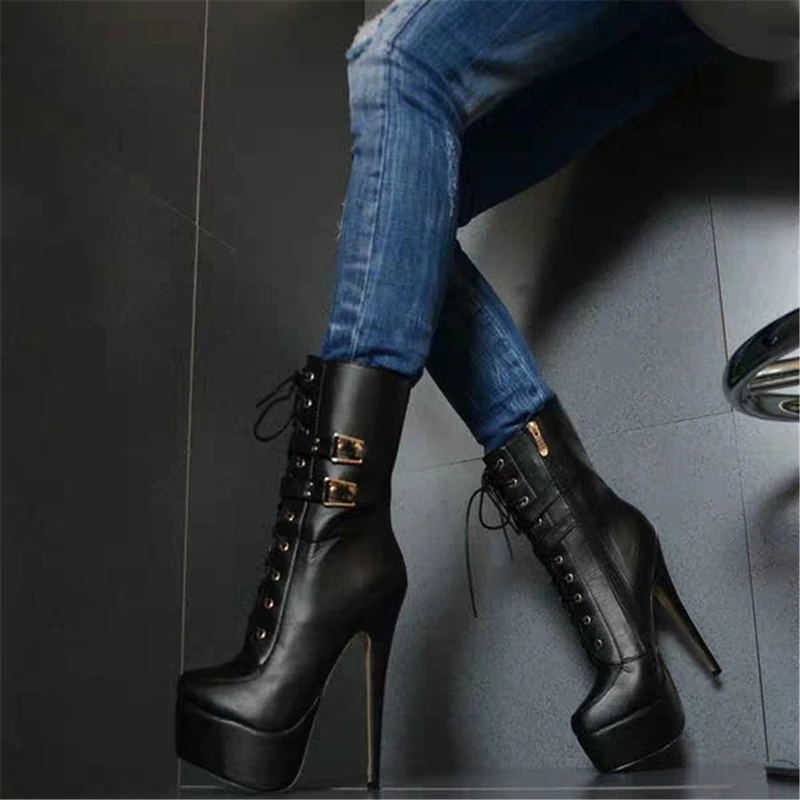 Г. Новинка, большие размеры 35-52, черные модные пикантные женские сапоги до середины голени на шнуровке, с пряжкой, на молнии, на высоком каблуке, на платформе, X1928 - Цвет: Black