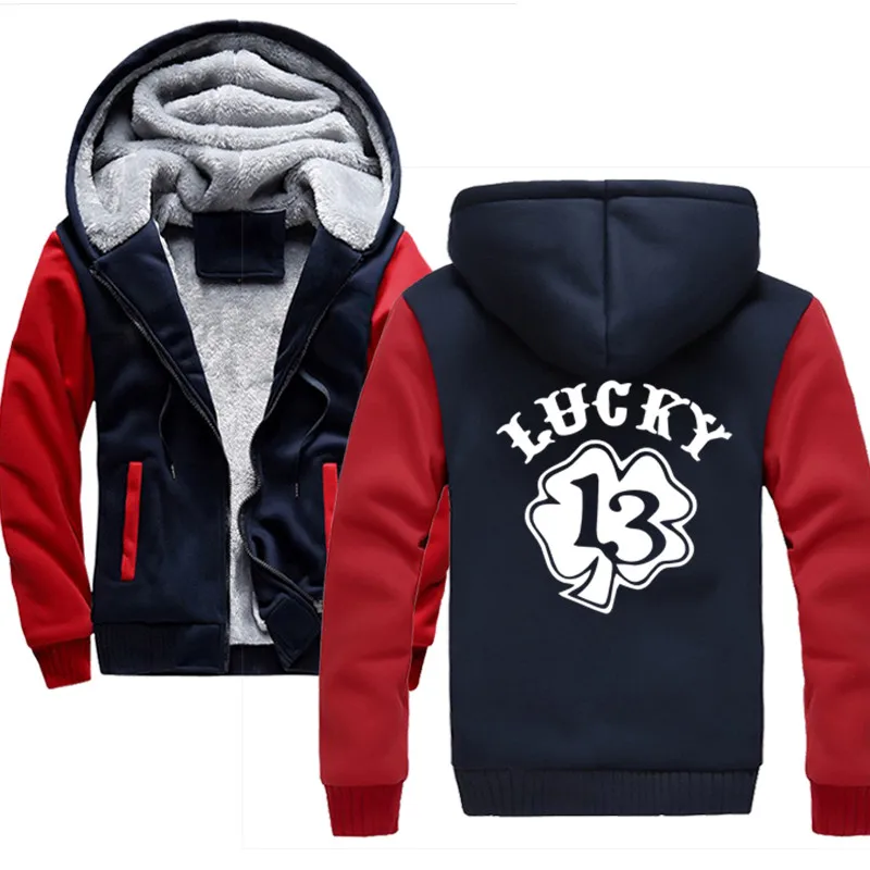 Новинка lucky 13 куртка мужская брендовая Зимняя Толстая теплая флисовая куртка на молнии для мужчин s спортивный топ с длинными рукавами мужские европейские толстовки с капюшоном - Цвет: Red blue