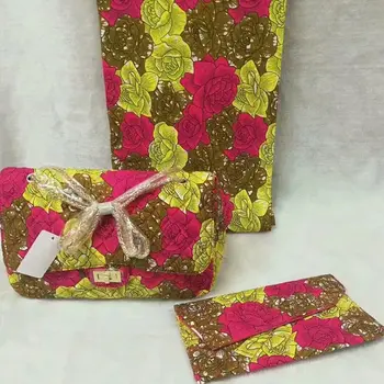 

3pc Set Ankara Handbag+ Clutch Bag+6 Yard ankara fabric african real wax print In Red Yellow for wedding party DFB-2