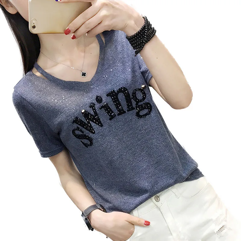 

New Fashion Short-Sleeved V-Neck Letter Print T-Shirt Women Sexy Strapless Summer Loose Crop Top
