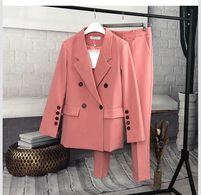 plus size pjs Pink Blazer two piece set women 2021 spring new arrival Korean elegant casual OL suit Ankle-Length Pants satin pajamas for women