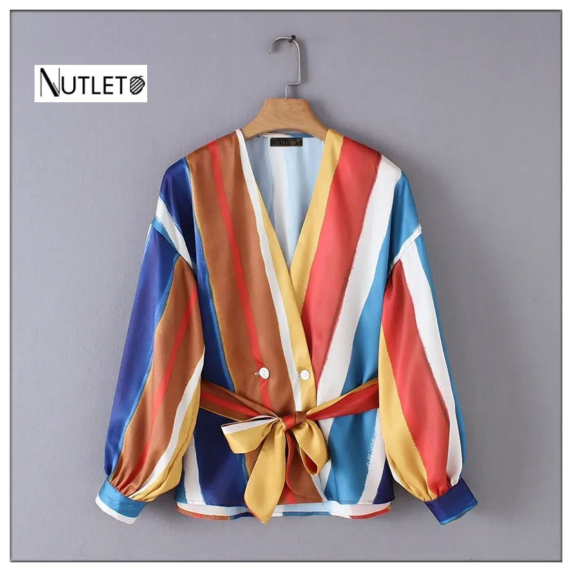 

2019 European and American style autumn and summer women's new belt striped blouse long-sleeved women's shirt satin shirt