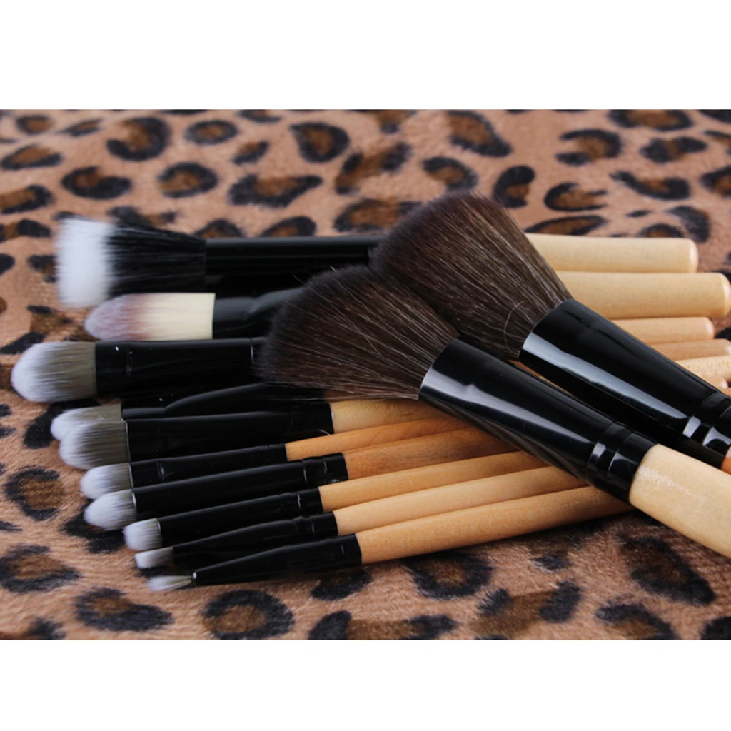 12 WOOD Makeup Brush Set Kabuki Foundation Eyeshadow Kit + Leopard Print Bag