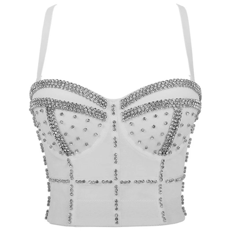New Women Mesh Camisole Top Beaded Bright Diamonds Fashion Backless Crop Top Bustier Bra Night Club Party Tank Tops