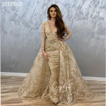 

Charming Champagne Lace Evening Dress Beaded V Neck Long Sleeves Mermaid Prom Party Dresses For Arabic Women Detachable Train