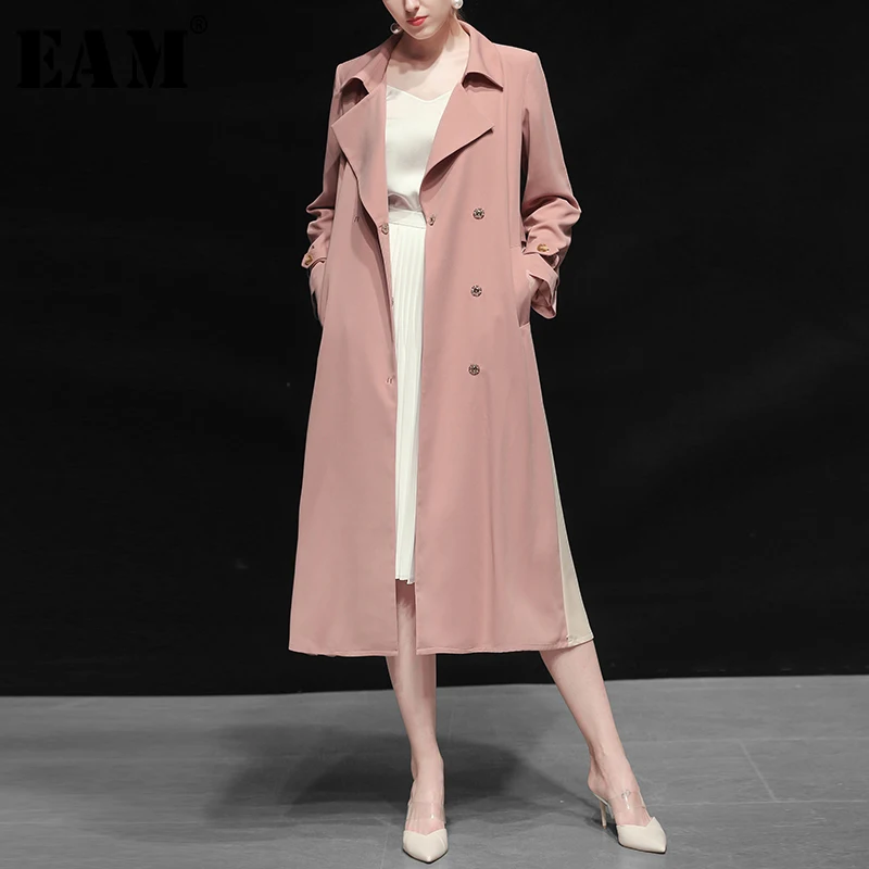 

[EAM] Women Mixed Color Temperament Trench New Lapel Long Sleeve Loose Fit Windbreaker Fashion Tide Autumn Winter 2019 1B221