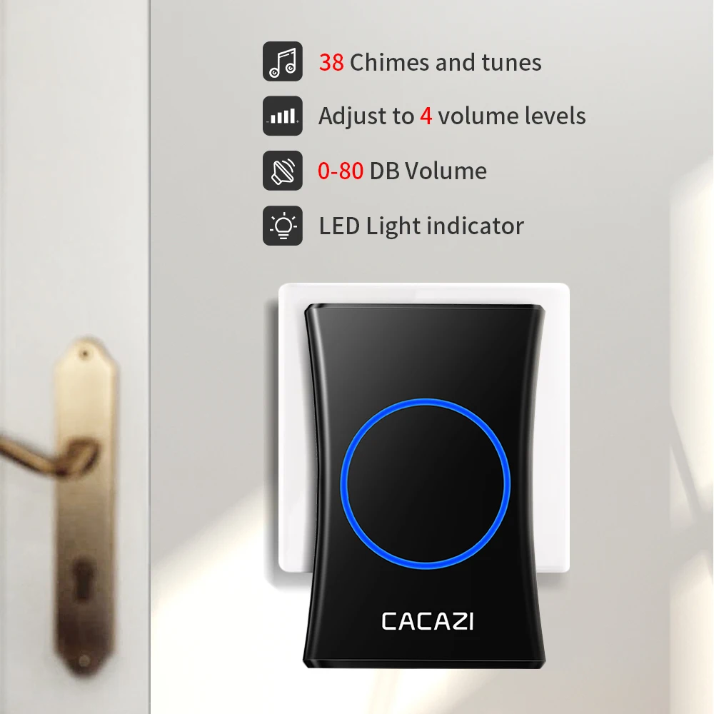 CACAZI Интеллектуальный водонепроницаемый беспроводной дверной звонок 3, 4 кнопки 1, 2, 3 приемника US, EU, UK, Домашний Беспроводной звонок с дистанционным управлением 300 м